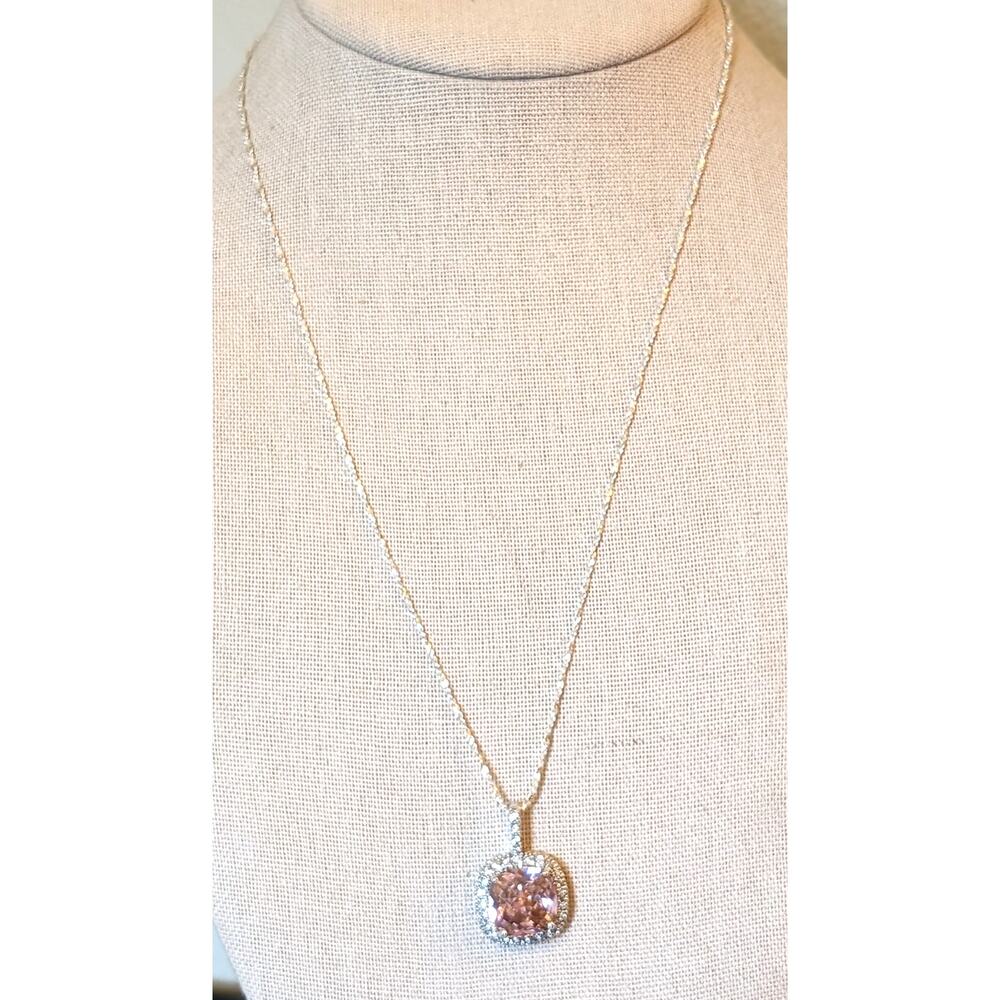 925 Silver Checkerboard Faceted Pink Cushion Set Square Stone W/ CZ Necklace